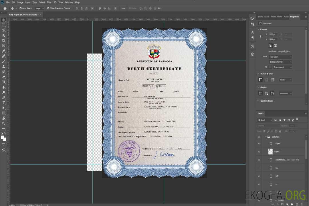 Modèle PSD de certificat de naissance de l'état civil du Panama template Modèle PSD de certificat de naissance de l'état civil du Panama template